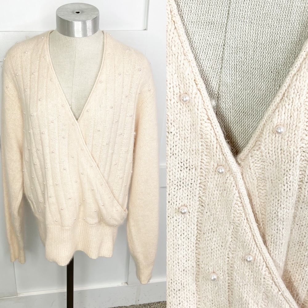 Vintage Cream Pearl-Embellished Wrap Sweater